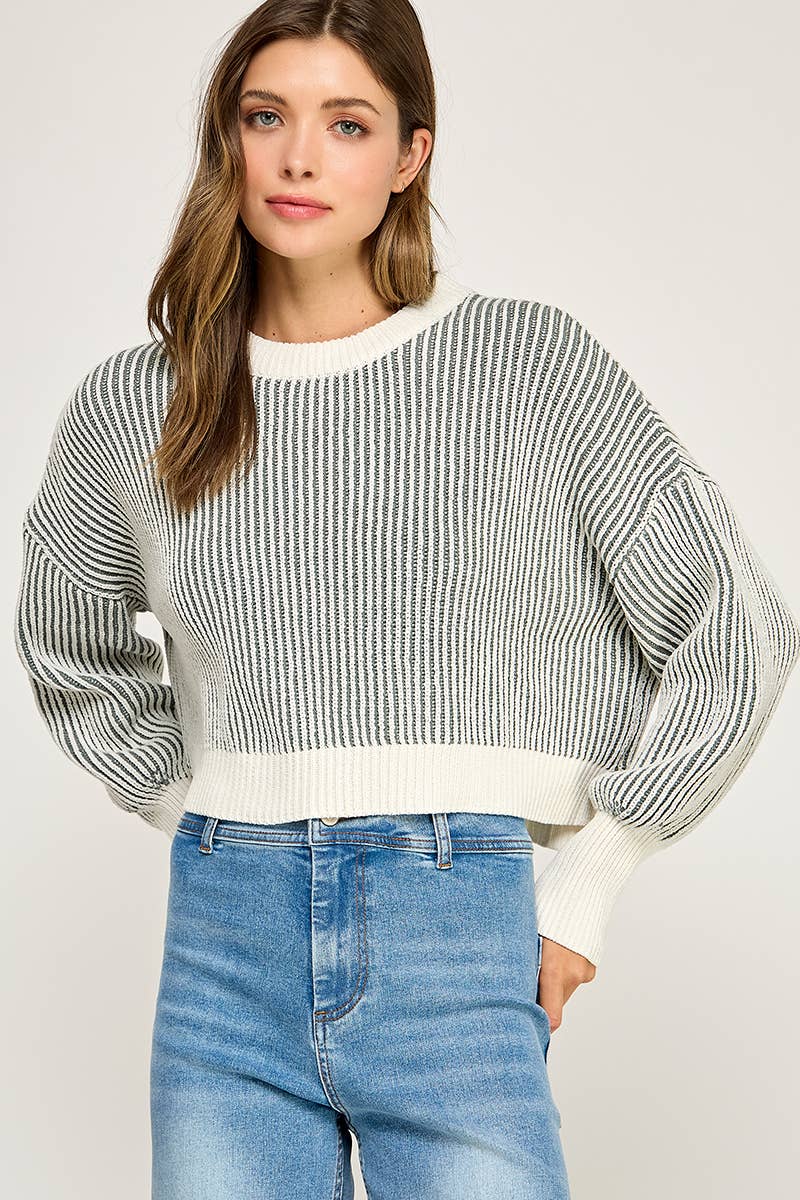RIBBED KNIT BALLOON SLEEVE SWEATER