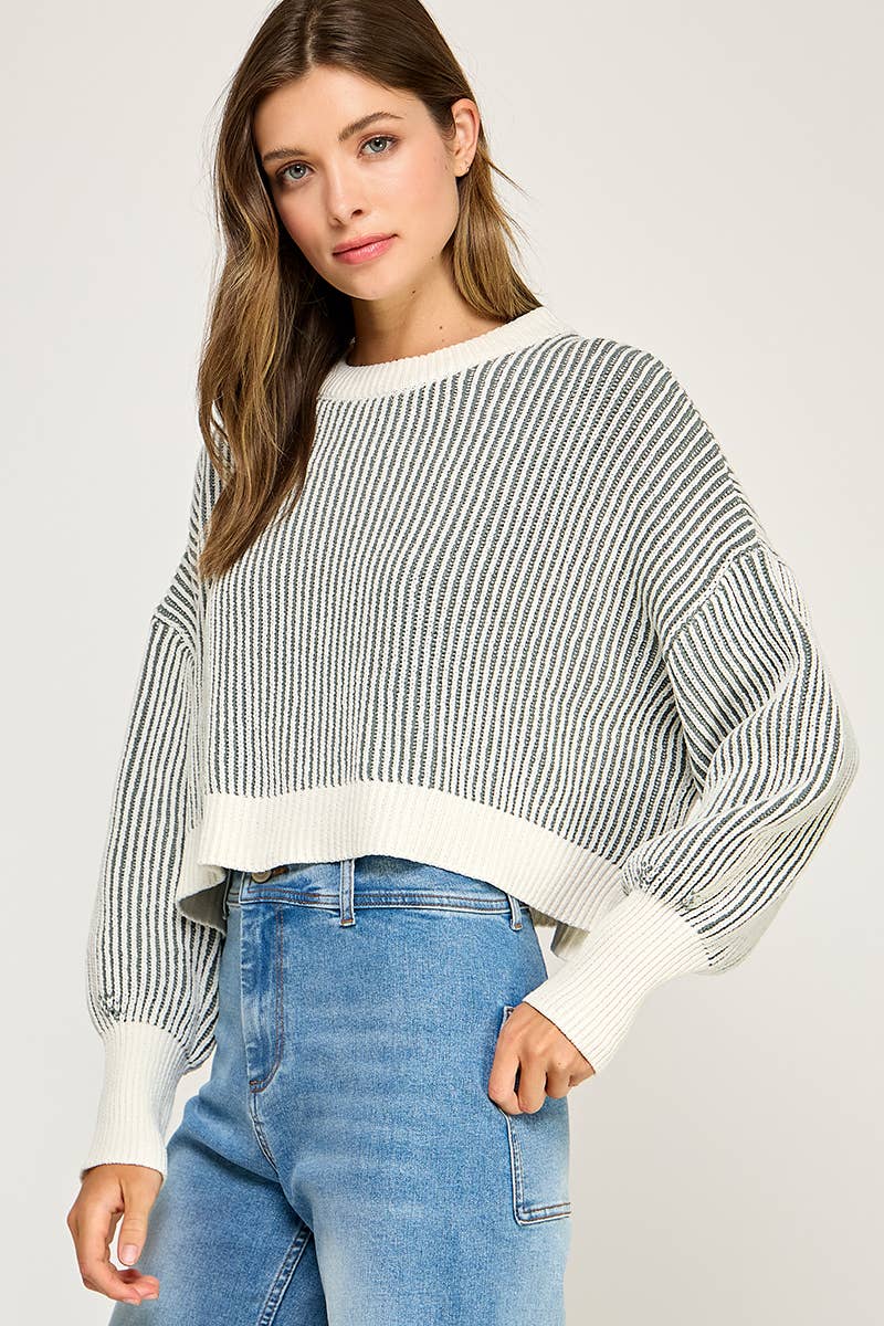 RIBBED KNIT BALLOON SLEEVE SWEATER