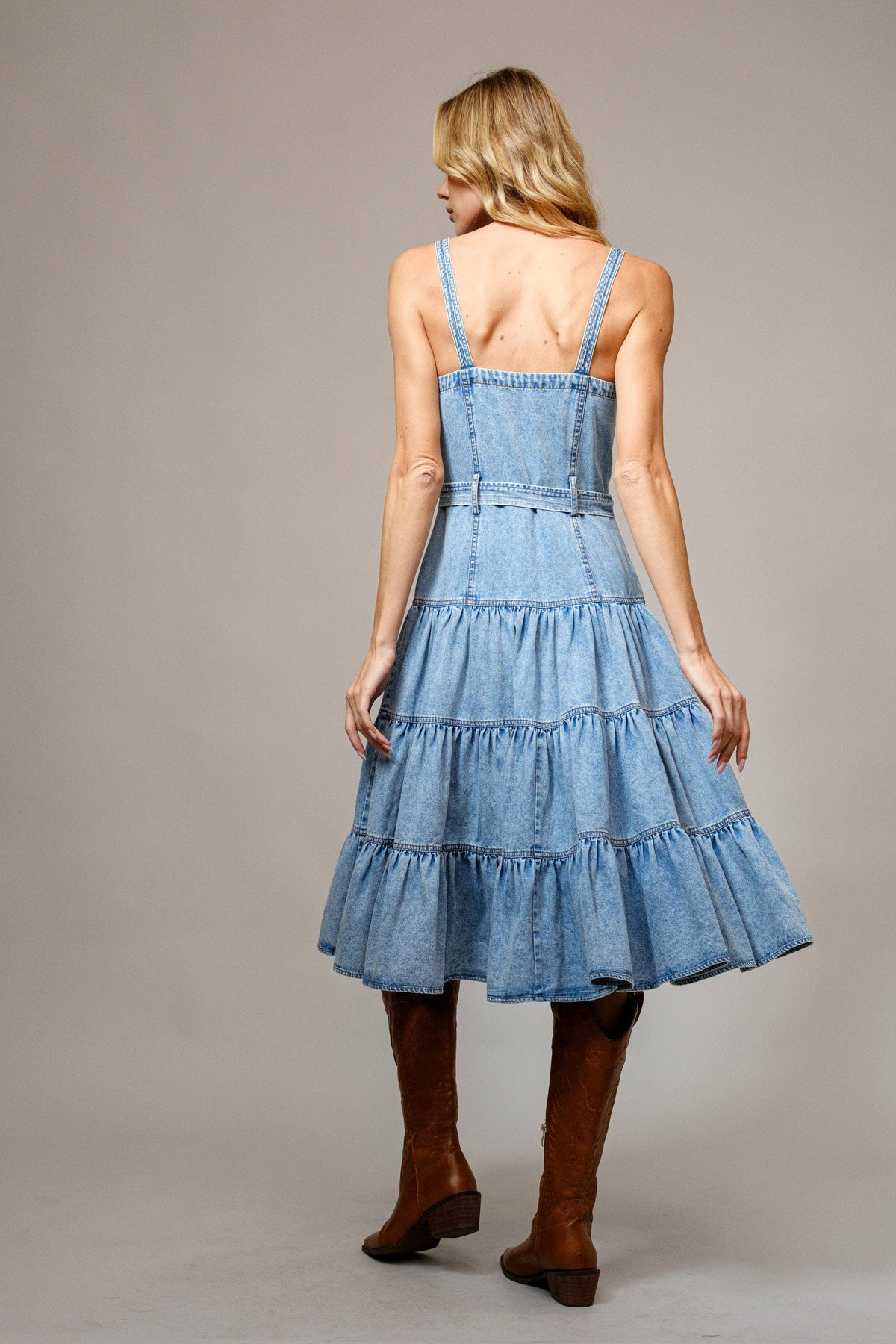 Washed Demin Tiered Zip Midi Dress
