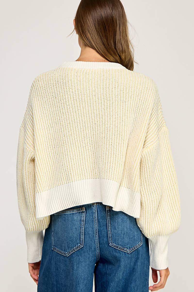 RIBBED KNIT BALLOON SLEEVE SWEATER