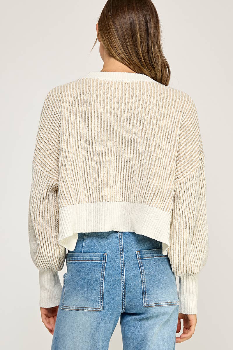 RIBBED KNIT BALLOON SLEEVE SWEATER