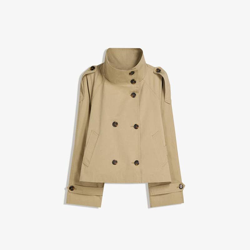 Stand-Collar Buttoned Belted Short Trench Coat: Khaki / S