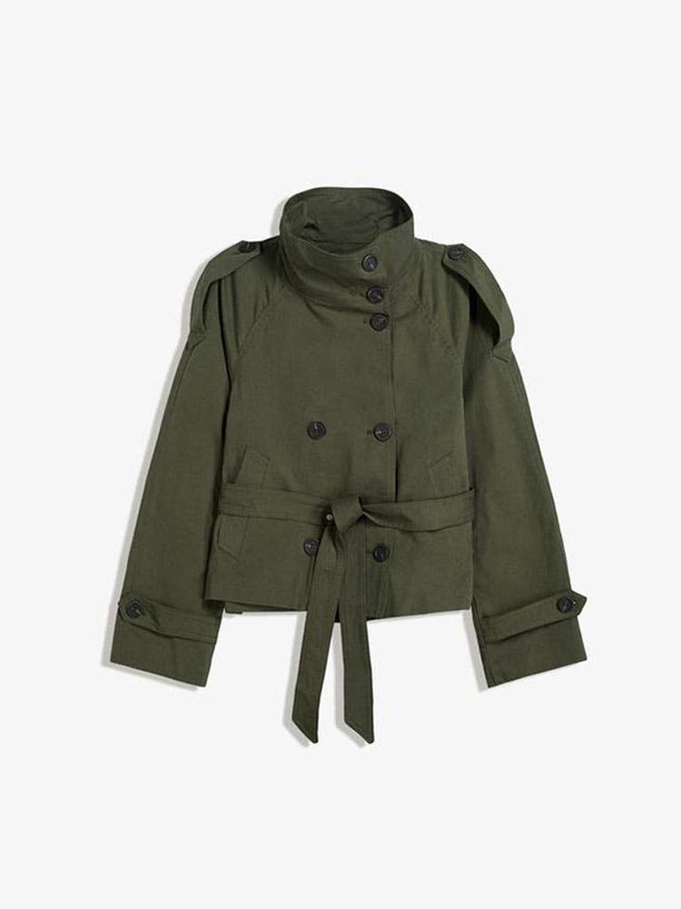Stand-Collar Buttoned Belted Short Trench Coat: Wine Red