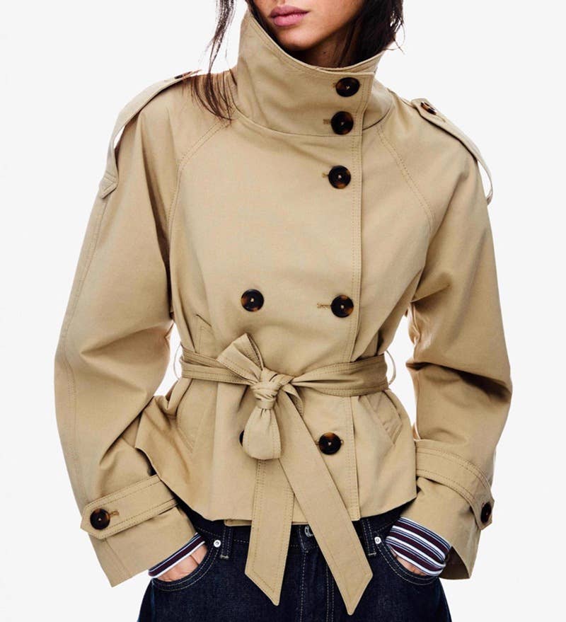 Stand-Collar Buttoned Belted Short Trench Coat: Khaki / S