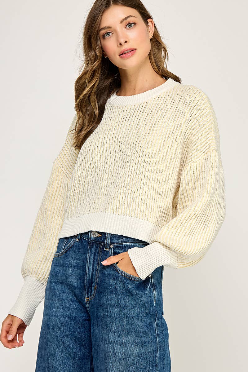 RIBBED KNIT BALLOON SLEEVE SWEATER