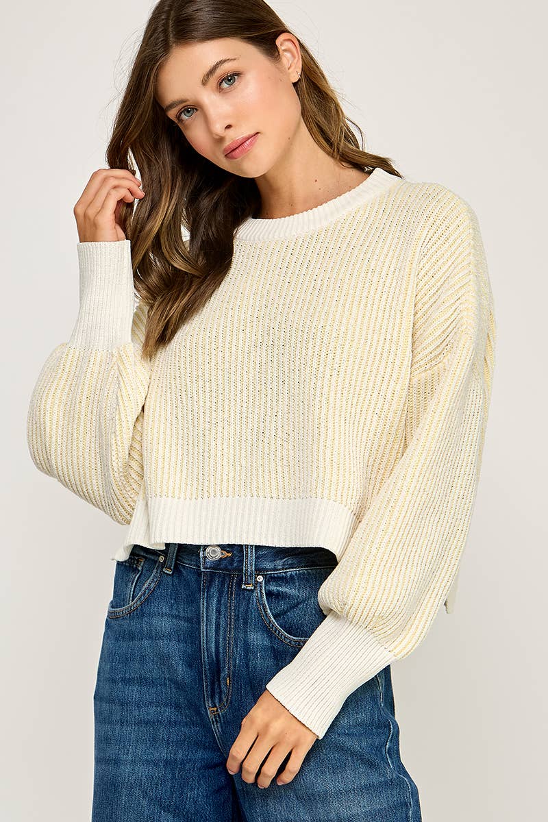 RIBBED KNIT BALLOON SLEEVE SWEATER