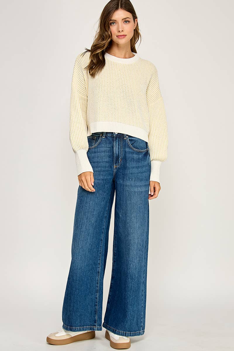 RIBBED KNIT BALLOON SLEEVE SWEATER