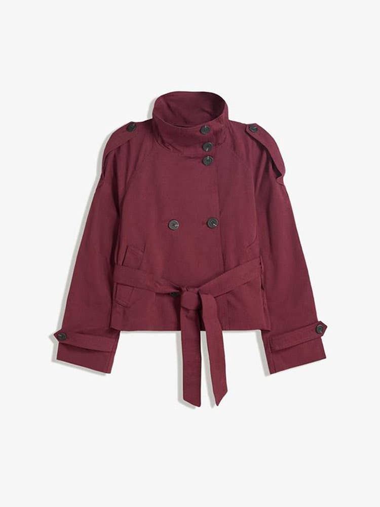 Stand-Collar Buttoned Belted Short Trench Coat: Khaki / S