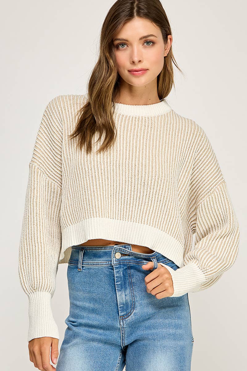 RIBBED KNIT BALLOON SLEEVE SWEATER