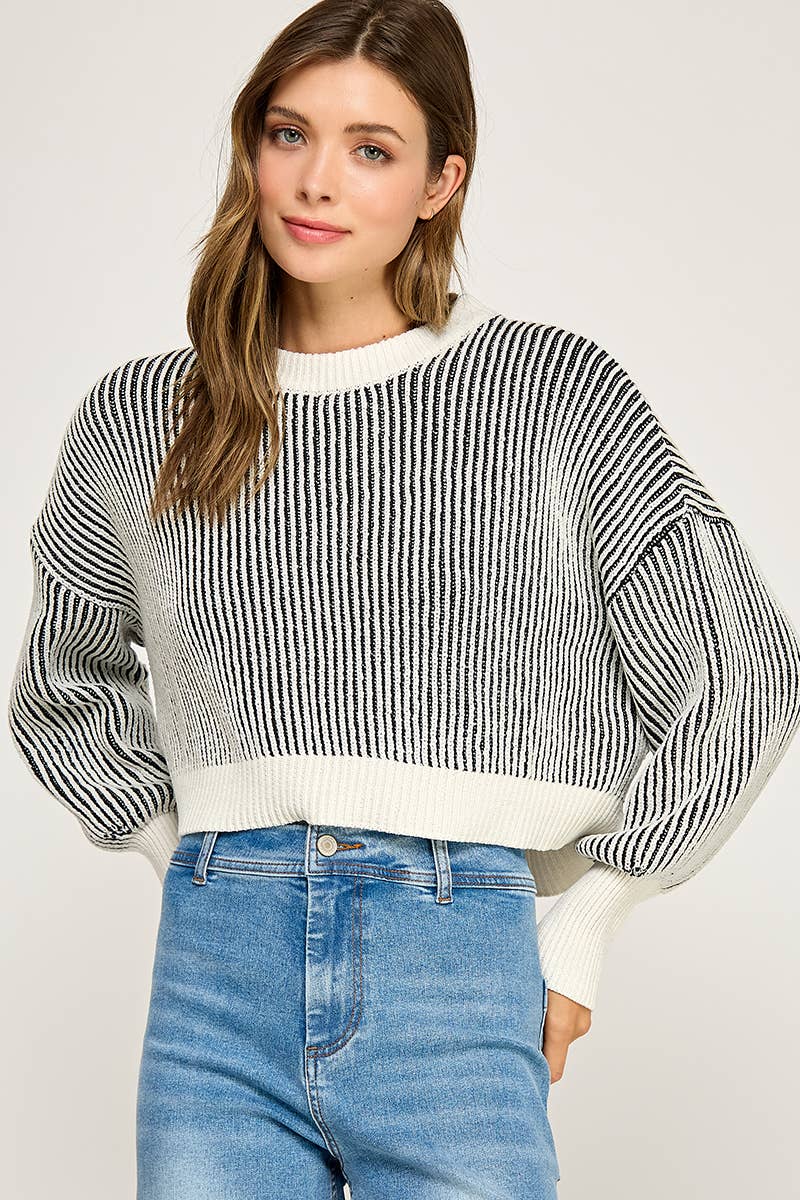 RIBBED KNIT BALLOON SLEEVE SWEATER