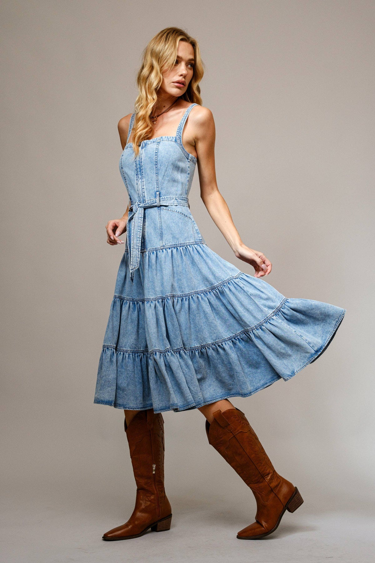 Washed Demin Tiered Zip Midi Dress