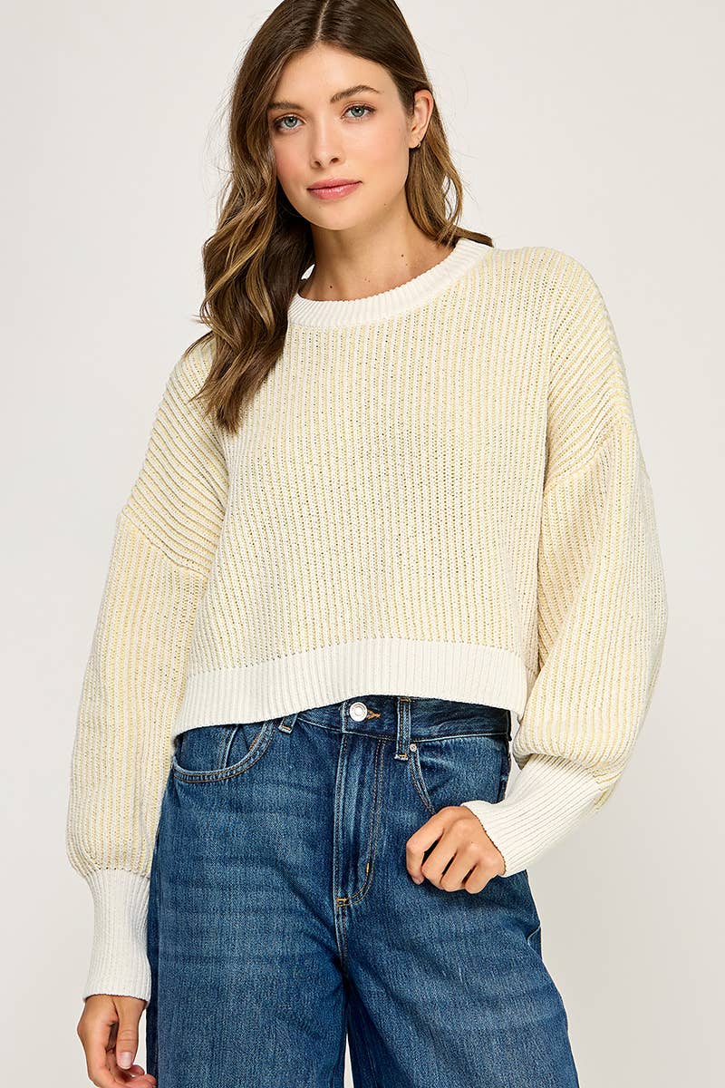 RIBBED KNIT BALLOON SLEEVE SWEATER
